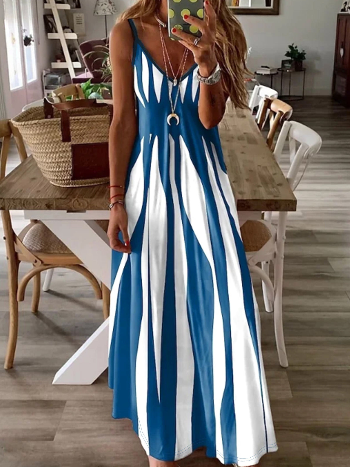 Robe décontractée à imprimé, col en V et bretelles spaghetti pour femme – Robe midi extensible en maille 100 % polyester pour toutes les saisons (printemps, été, automne, hiver)