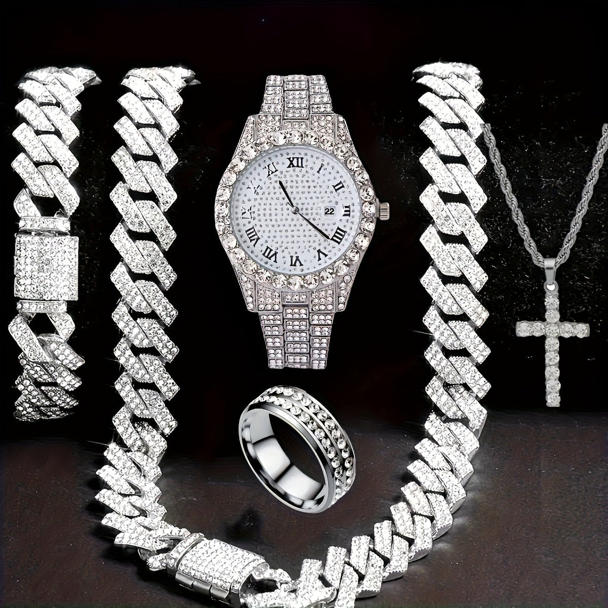 Ensemble de montre Hip Hop pour homme avec strass, chaîne cascade et collier – Parure de bijoux avec montre à quartz étincelante pour homme, 3 et 5 pièces, cadeau idéal pour les fêtes