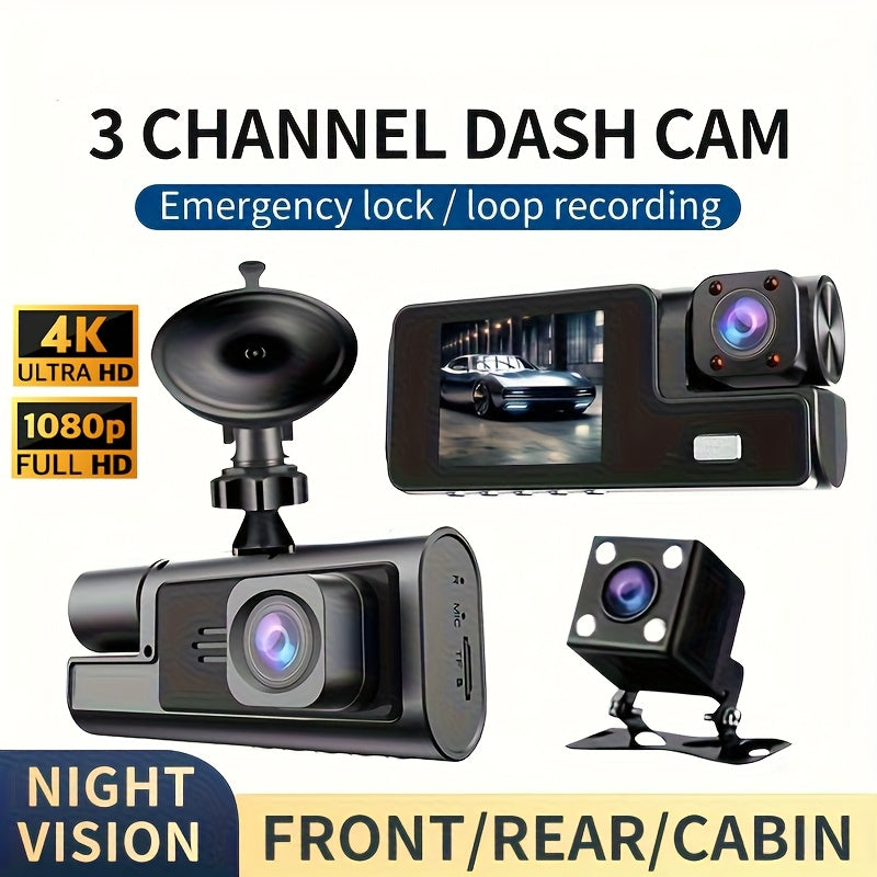 Dashcam 3 canaux 4K avant + 4K intérieur + 1080P arrière avec carte 32 Go offerte, vision nocturne, capteur G, grand angle, enregistrement en temps réel et moniteur de stationnement – Velora
