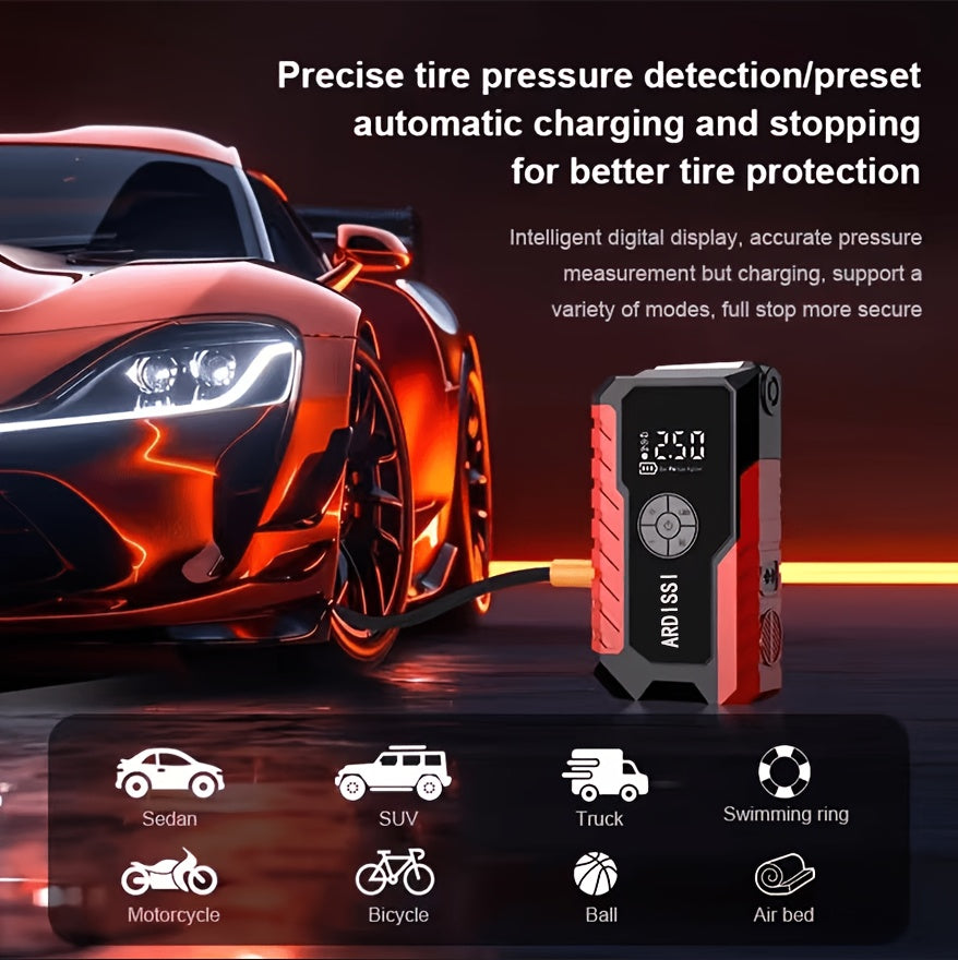Démarreur de batterie portable 5000A avec compresseur d'air 150 PSI – Booster de batterie tout-en-un 10000mAh, port Type-C, lampe LED pour voitures essence et diesel 12V, camions, SUV et motos