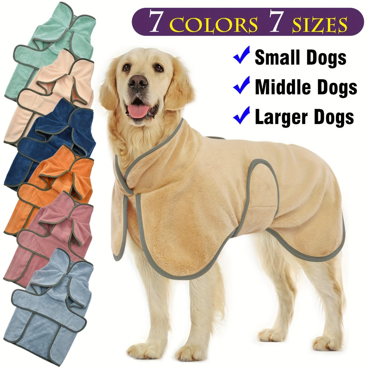 Peignoir pour chien à séchage rapide, super absorbant, serviette de bain pour animaux, manteau pour chiens petits, moyens et grands, XS S M L XL XXL 3XL, 7 couleurs : bleu clair, rose vif, orange, bleu foncé, vert, kaki, rose