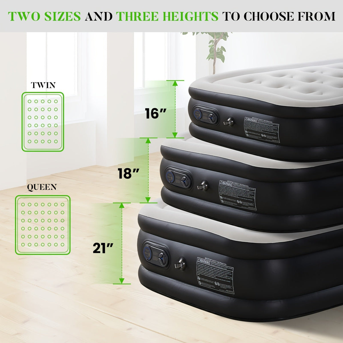 Matelas gonflable avec pompe intégrée – Lit d'appoint double hauteur de 40/46/53 cm d'épaisseur, capacité de 300 kg, base antidérapante – pour la maison, chambre d'amis, camping et usage extérieur