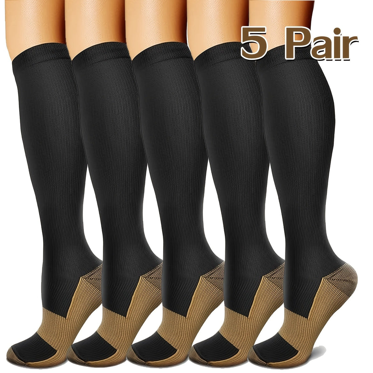Lot de 5 paires de chaussettes de compression en cuivre pour femmes et hommes – Chaussettes de sport noires pour la course, la randonnée, le cyclisme et les voyages, tailles M-XL, bas de compression pour la circulation et le soulagement de la douleur