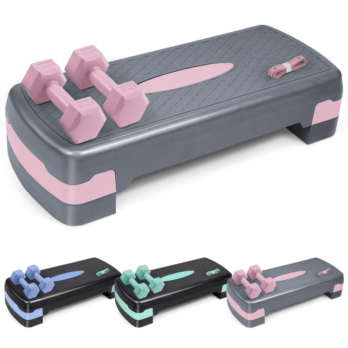 Plateforme de step aérobic avec haltères de 0,9 kg et ruban à mesurer – Stepper d'exercice antidérapant à hauteur réglable, capacité de 250 kg pour entraînement cardio à domicile, rose, vert, bleu