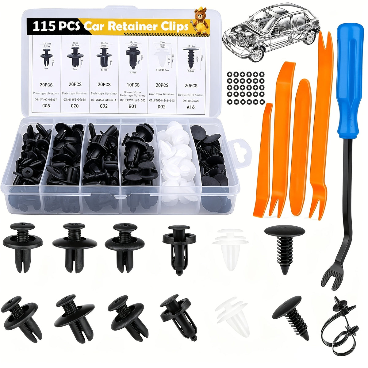 Kit d'assortiment de clips de fixation pour voiture 115/635/640/1290 pièces - 16 tailles de rivets en nylon pour pare-chocs et garde-boue, fixations automobiles avec serre-câbles et outil de démontage