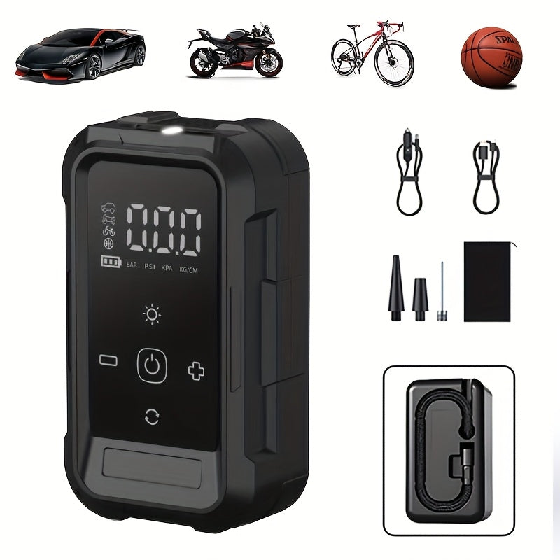 Gonfleur de pneus portable sans fil – Compresseur d'air intelligent sans fil avec manomètre numérique et lampe LED pour voitures, motos, vélos et ballons, recharge rapide Type-C