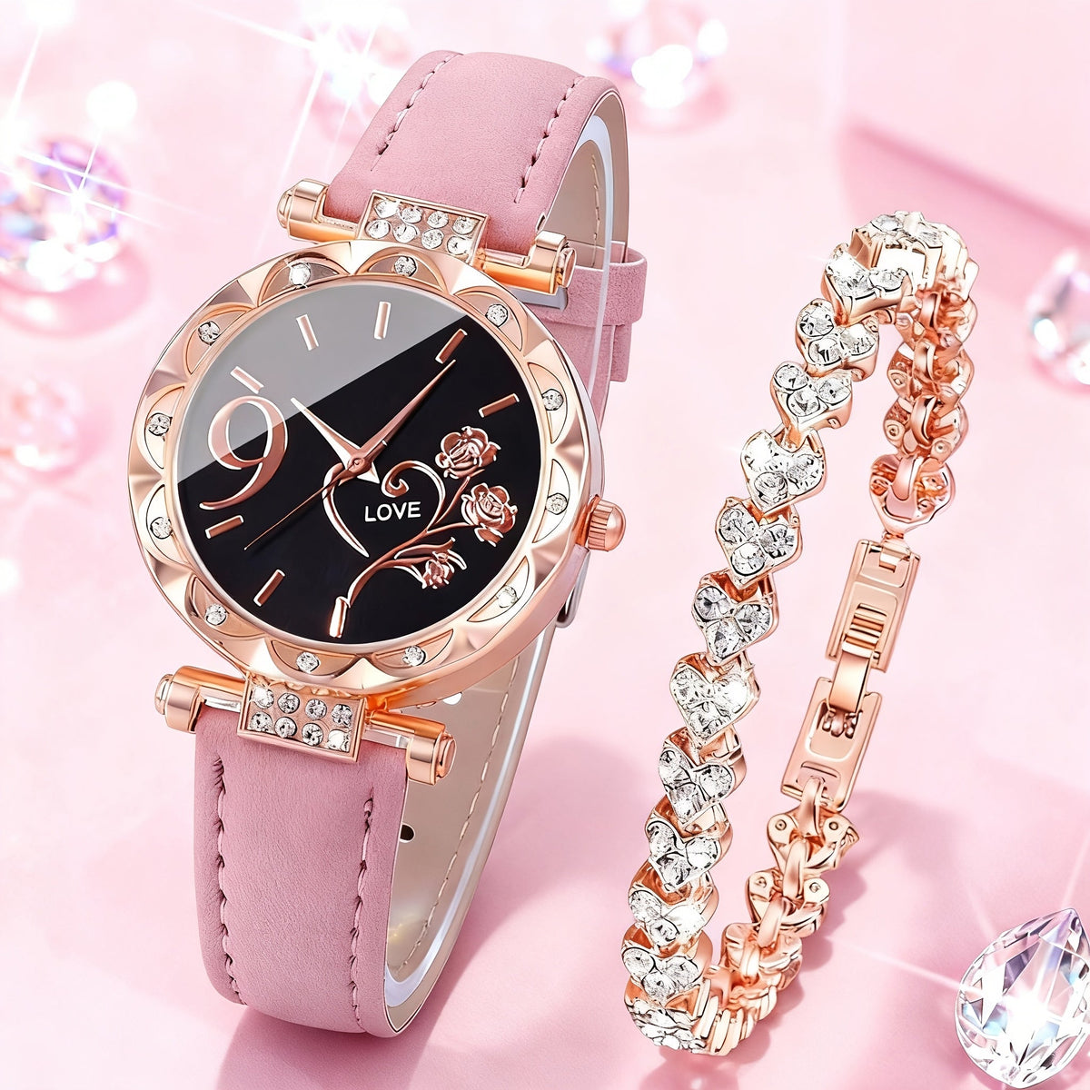 Coffret montre cœur orné de strass pour femme – 2 montres à quartz avec bracelet en similicuir, ensemble de montres-bracelets or rose et rose, idée cadeau pour la Saint-Valentin, les anniversaires et les fêtes
