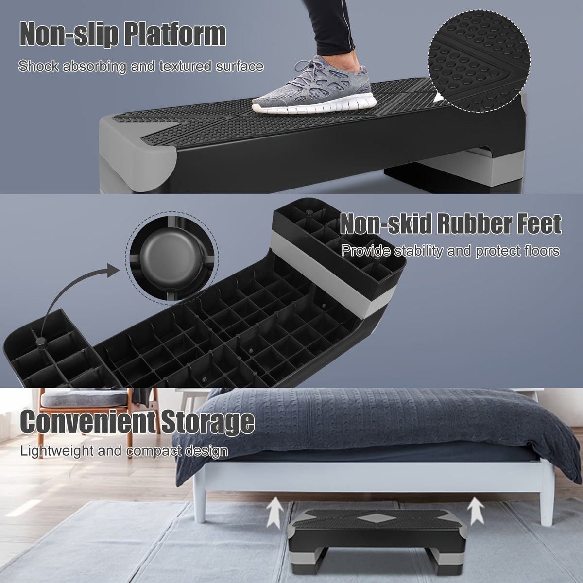 Plateforme de step aérobic réglable – 3 niveaux de hauteur (10/15/20 cm), stepper antidérapant pour entraînement cardio à domicile, planche d'exercice de step aérobic (6 couleurs)