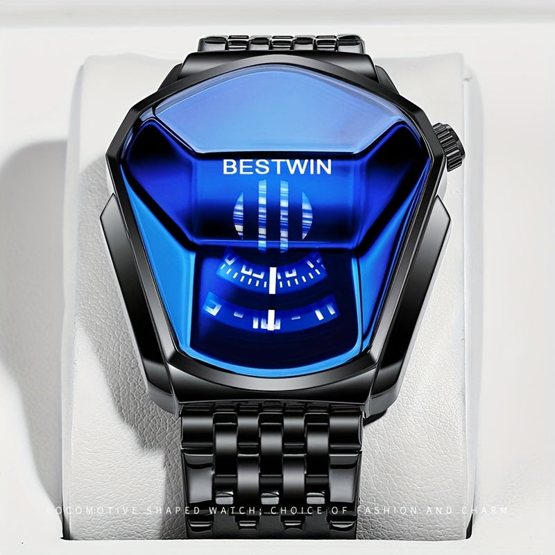 Montre à quartz pour homme avec cadran à strass bleus et bracelet en acier – Montre-bracelet tendance et professionnelle, doré et noir, cadeau pour lui