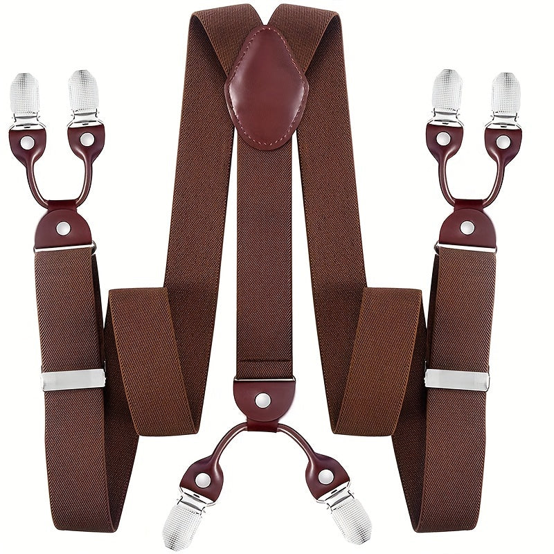 Bretelles pour homme en Y, cuir PU, robustes, avec 6 pinces métalliques – Style vintage élastique et réglable, noir, gris, bleu marine, blanc, café, beige, rouge vin, tenue décontractée et formelle