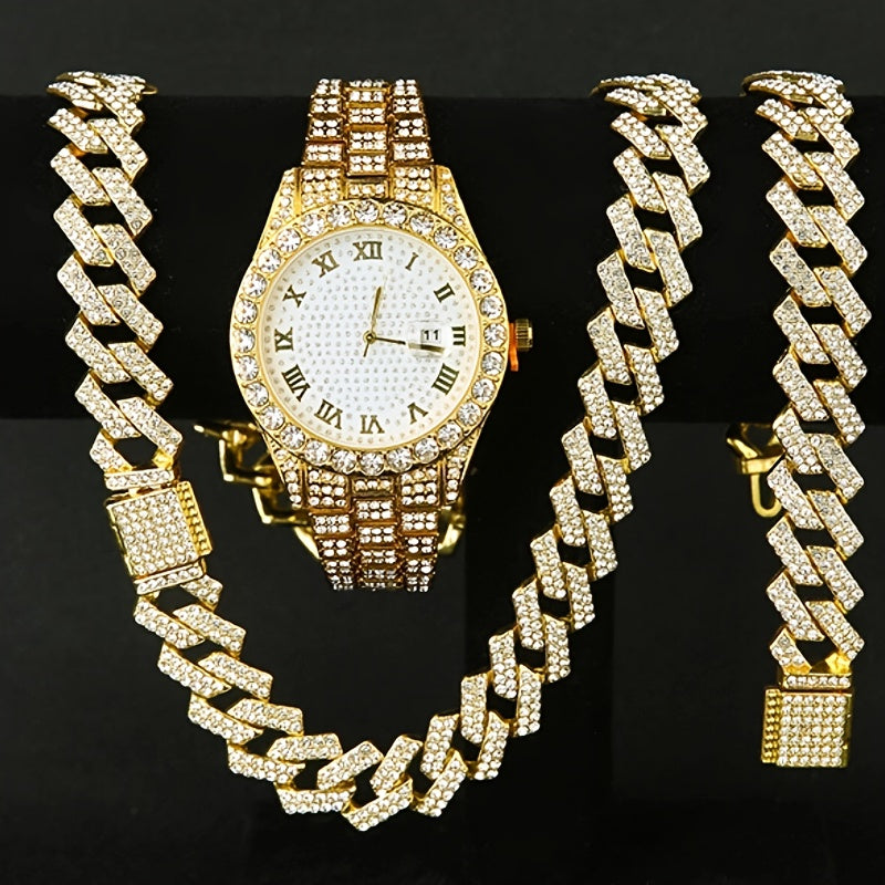 Ensemble de montre Hip Hop pour homme avec strass, chaîne cascade et collier – Parure de bijoux avec montre à quartz étincelante pour homme, 3 et 5 pièces, cadeau idéal pour les fêtes