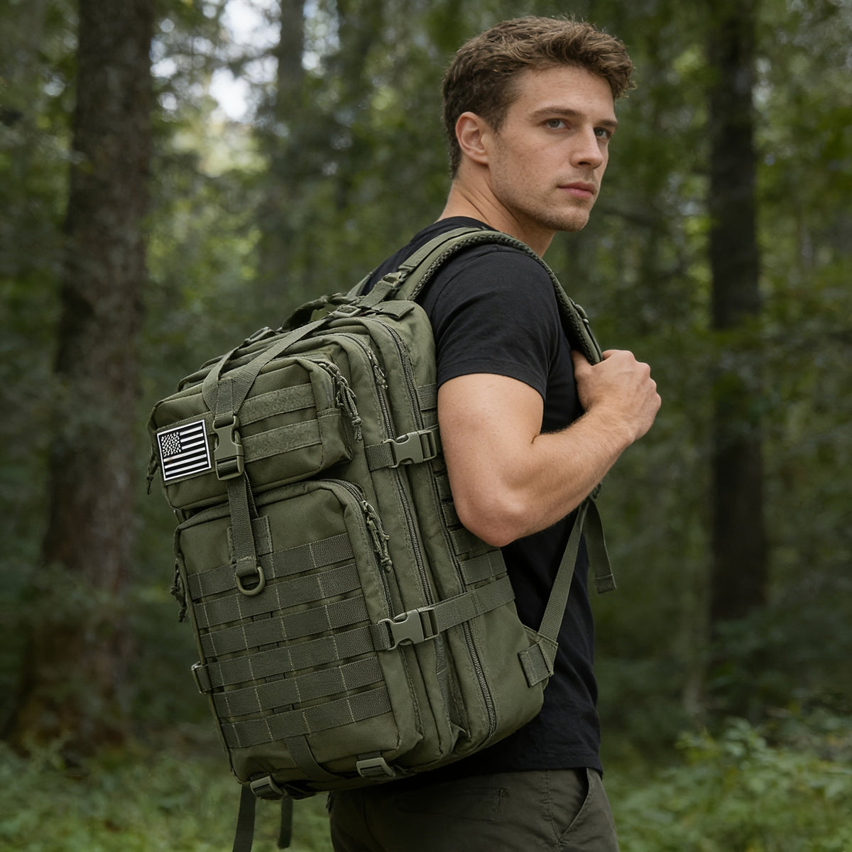 Sac à dos de randonnée tactique 45 L pour 3 jours – Sac multifonction pour le camping, le trekking et la chasse avec fermeture zippée, sac de sport durable pour hommes et femmes, noir, vert, kaki