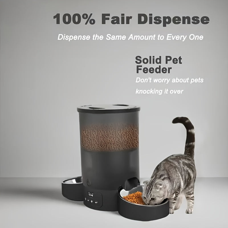Distributeur automatique de nourriture pour chat 3L à double gamelle – Distributeur de croquettes programmable avec contrôle des portions 3L (102,5 oz) pour chats et chiens, 1 à 6 repas par jour, système anti-bourrage, fonctionne sur piles, noir