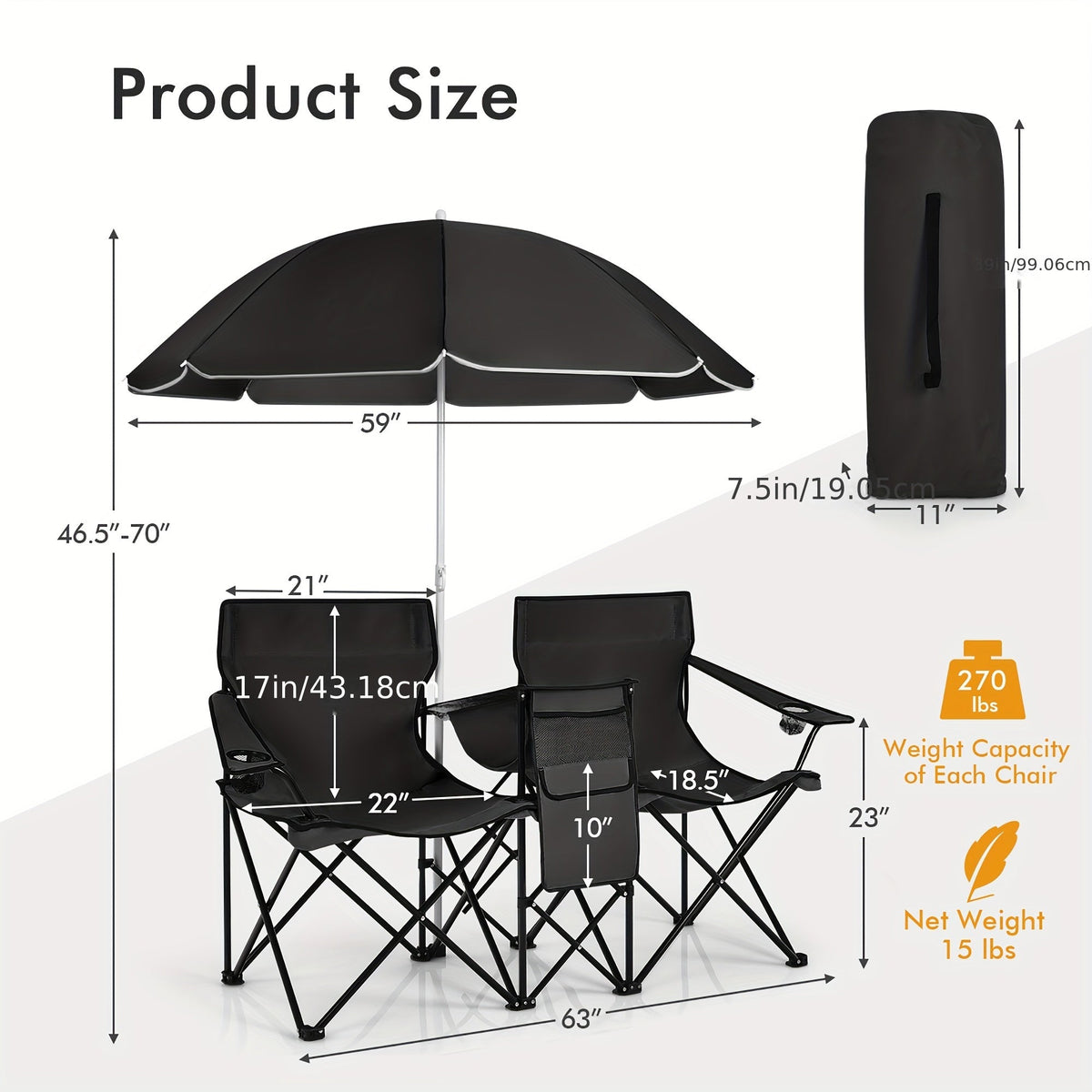 Ensemble de 2 chaises de plage pliantes avec parasol, table et sac isotherme – Chaise de pique-nique compacte et pliable pour la plage, le camping et les sorties en plein air, capacité de 122 kg par siège