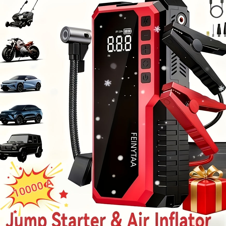 Démarreur avec gonfleur de pneus numérique 5000A/10000A en pic, booster de batterie multifonction pour voiture avec pinces intelligentes, lampe torche LED et batterie externe, kit d'urgence pour voiture, camping-car et moto