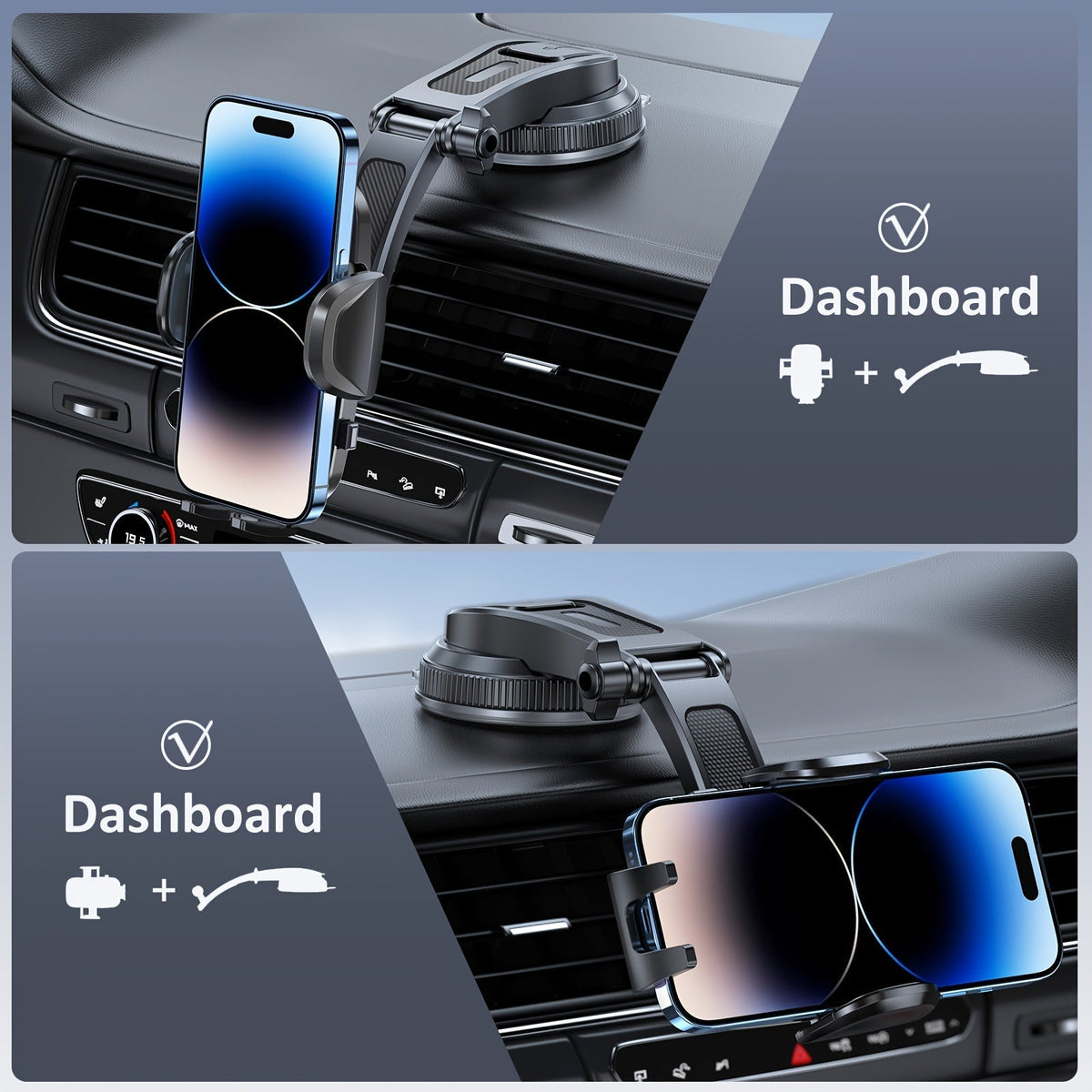 Support de téléphone universel pour voiture, fixation tableau de bord rotative à 360° – Berceau rétractable compatible avec tous les téléphones iPhone Samsung, vision réglable horizontale et verticale, support de téléphone sécurisé pour voiture