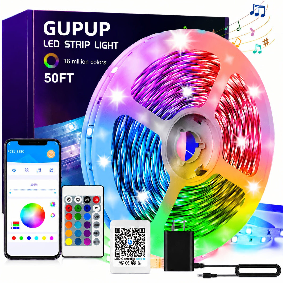 Ruban LED RVB avec télécommande via application, synchronisation musicale, intensité réglable, changement de couleur et minuterie – Éclairage LED intelligent pour la décoration de chambre, salon et salle de jeux, de 5 m à 60 m