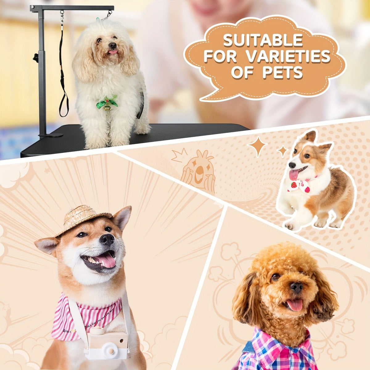 Bras de toilettage réglable et pliable avec pince pour table – Support de hanche et boucle 2-en-1 pour table de toilettage, hauteur 20-33 pouces (50-84 cm), bras de contention portable pour petits chiens et chiots, table non incluse