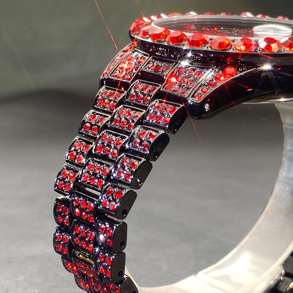 Ensemble de montres pour couples avec strass, mouvement à quartz de luxe, calendrier, affichage lumineux pour hommes et femmes, montre cadeau de mode pour fête avec strass rouges et bleu glacier