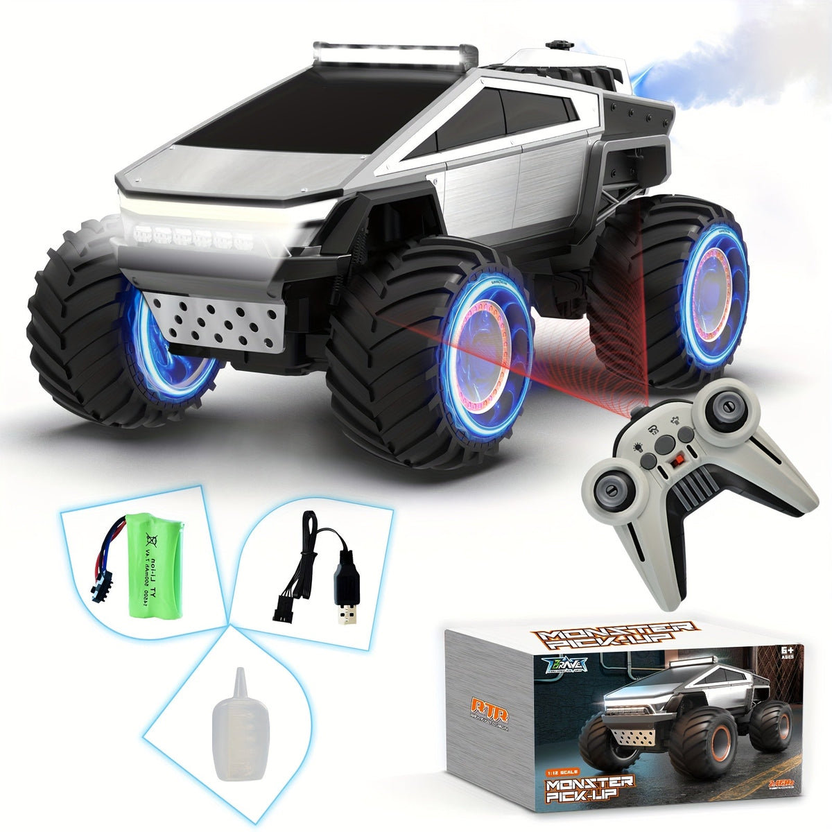 Camion monstre télécommandé échelle 1:12, 2,4 GHz, 4 roues motrices, véhicule tout-terrain avec lumières LED, effets sonores réalistes et poignée ergonomique pour enfants et adultes