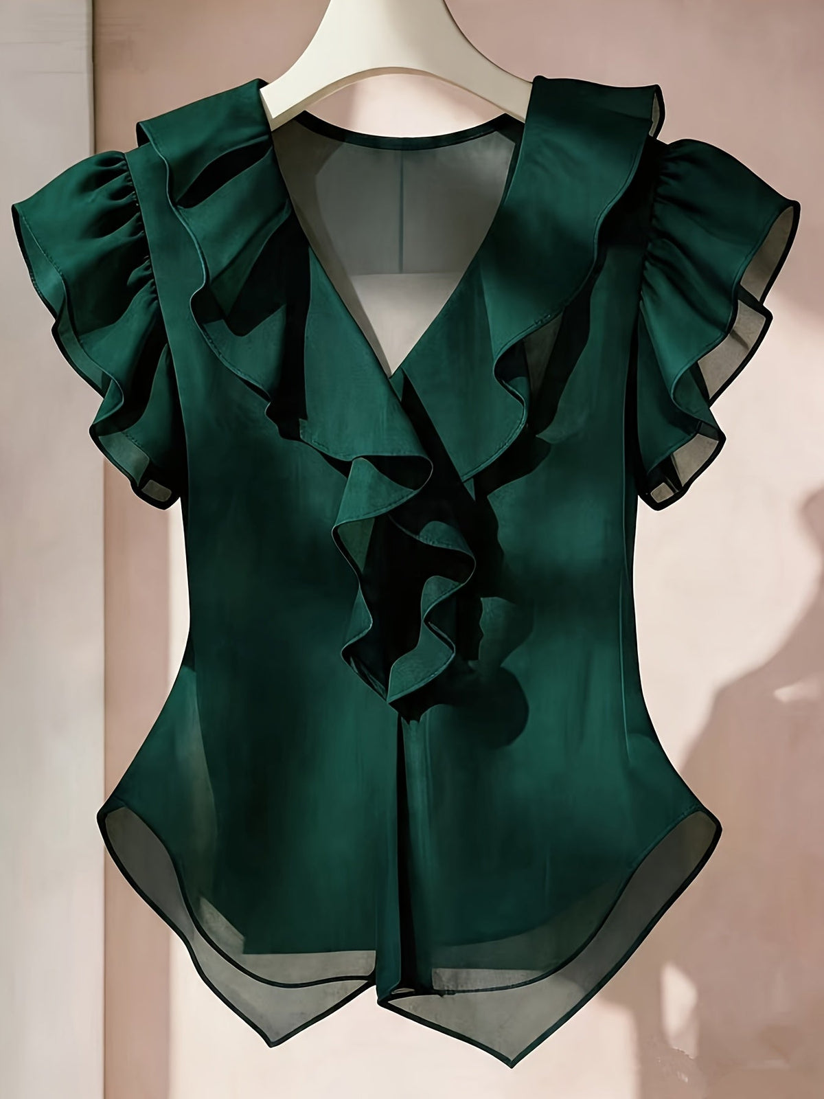 Haut femme en mousseline à manches courtes et volants – Chemisier d'été décontracté coupe évasée, couleur unie, disponible en 21 coloris, 100 % polyester tissé