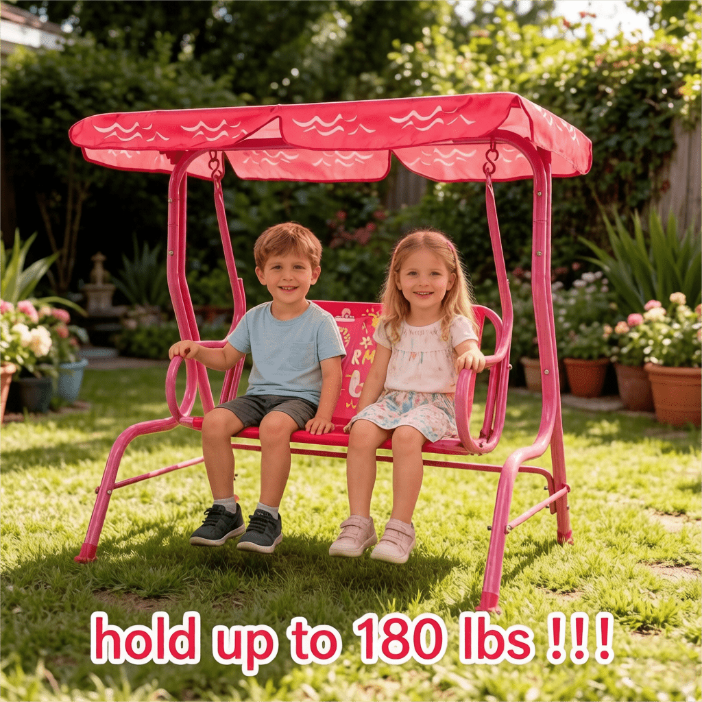 Balançoire de jardin pour enfants, 2 places, avec auvent réglable, ceintures de sécurité et structure en métal pour patio, cour, jardin ou balcon, 3 ans et plus, capacité de 82 kg