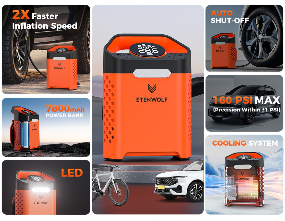 Compresseur d'air portable pour pneus – Gonflage rapide en 1 min, cycle de service 100 %, rechargeable par USB, affichage numérique, robuste pour pneus de voiture, vélos et ballons
