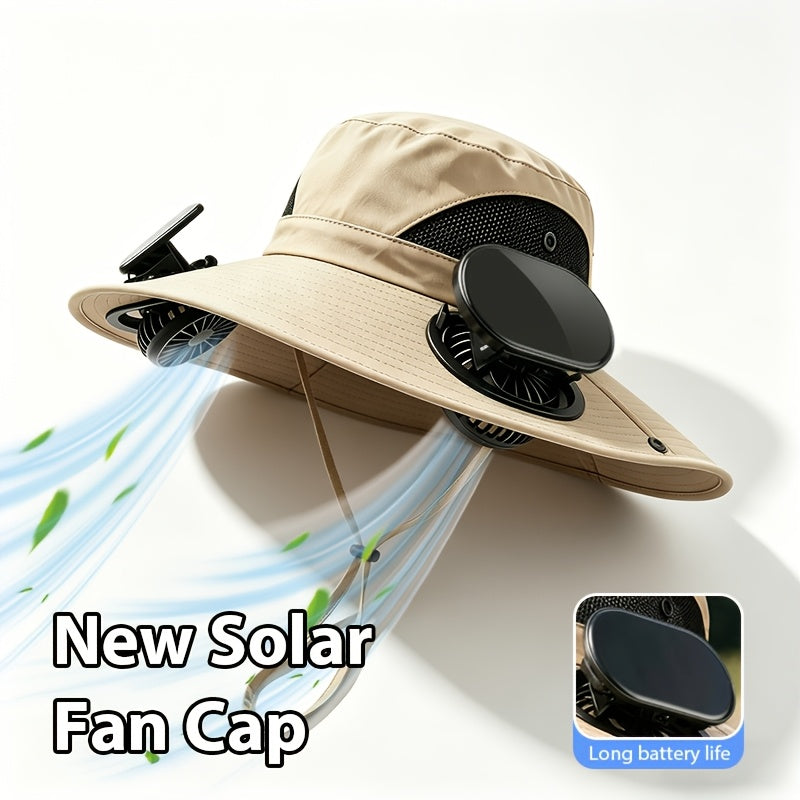 Chapeau de soleil à large bord pour homme avec 2 ventilateurs intégrés – Chapeau de pêche respirant avec protection UV pour le camping, la randonnée et la plage en été
