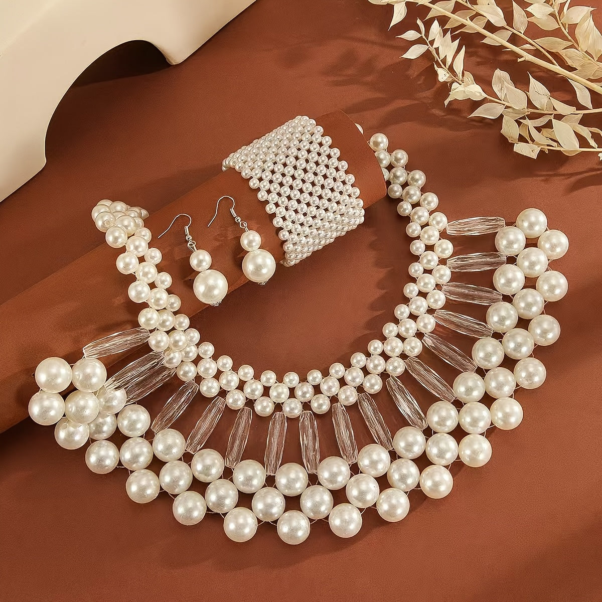 Parure collier et boucles d'oreilles bohème à pampilles en fausses perles, bijoux de mariée faits main multi-rangs, accessoires de mariage élégants perlés, cadeau pour elle