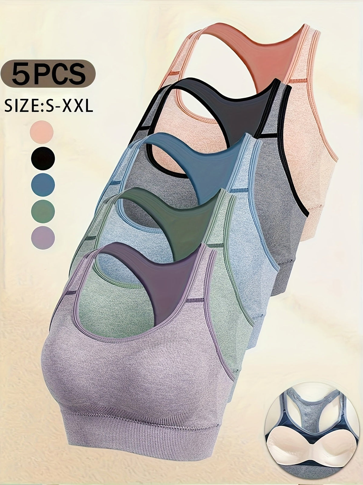 Lot de 5 brassières de sport sans coutures pour femme – Brassière de yoga et de fitness souple sans armatures, tissu extensible opaque, ensemble de brassières confortables pour le sport, le yoga et le quotidien