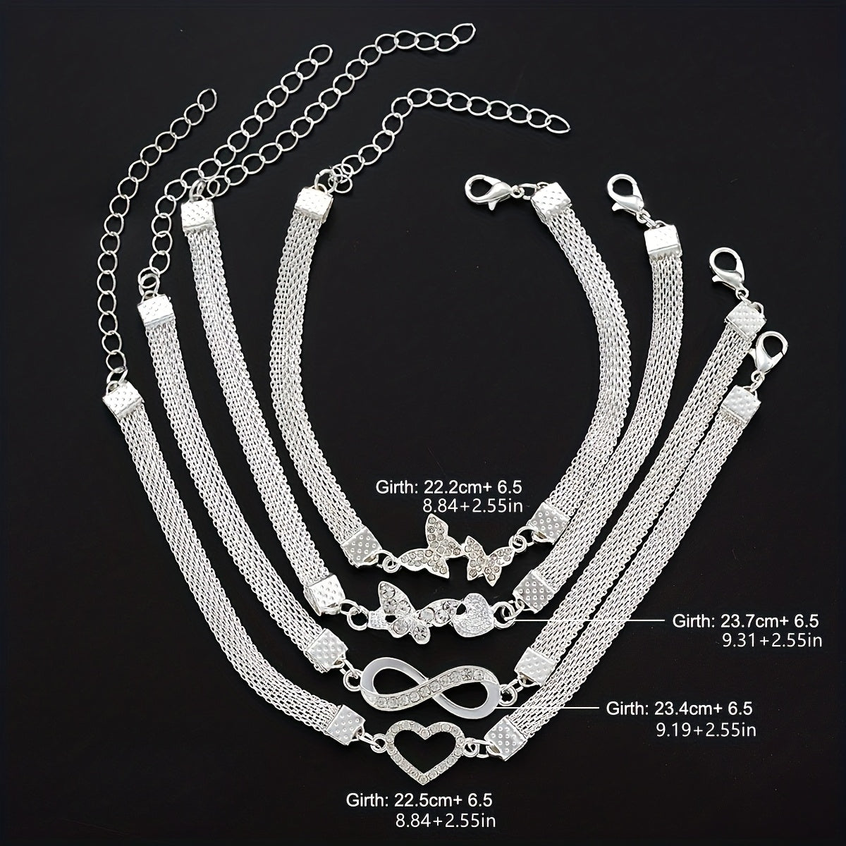 Lot de 4 bracelets de cheville infini papillon en argent 925 – Chaîne de pied empilable pour femmes, bijoux d'été élégants, cadeau pour la fête des mères et anniversaire