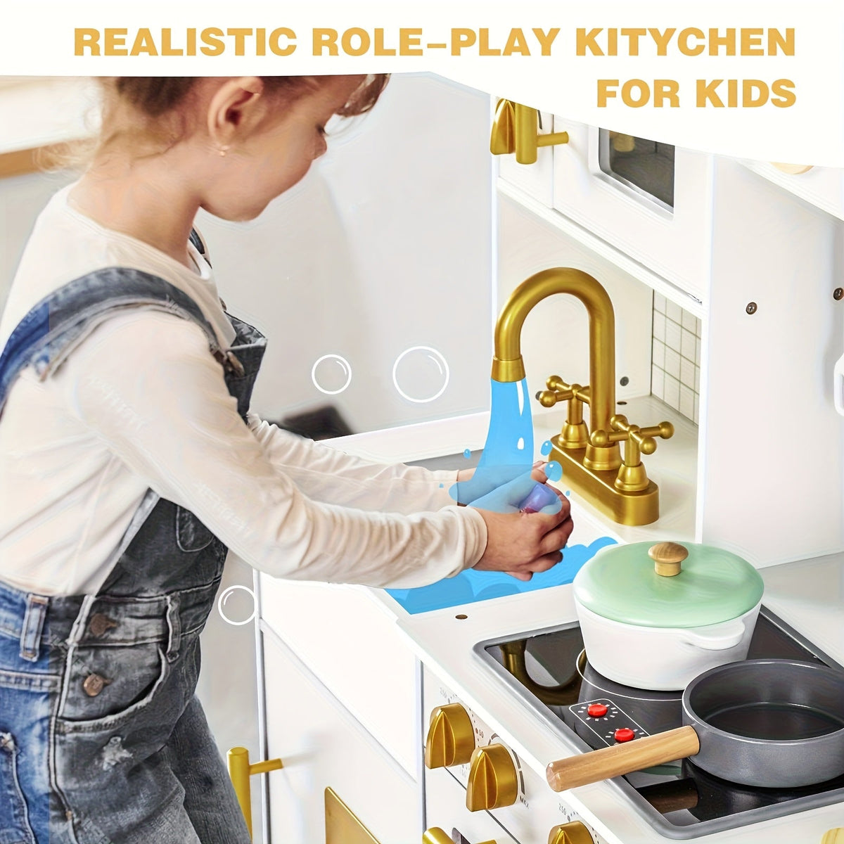 Cuisine jouet en bois pour enfants avec ustensiles et accessoires – Ensemble de cuisine réaliste avec lumières LED, sons, micro-ondes, évier et design spacieux de 95 cm pour garçons et filles de 3 à 8 ans