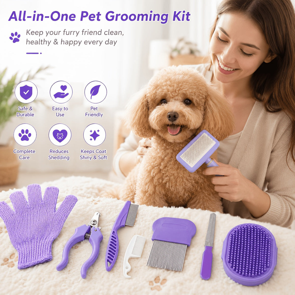 Kit de 8 peignes de toilettage pour chiens, chats et petits animaux - Kit complet d'entretien pour poils longs et courts, peignes multifonctions pour tous les types de pelage, essentiel pour le toilettage à domicile (violet)