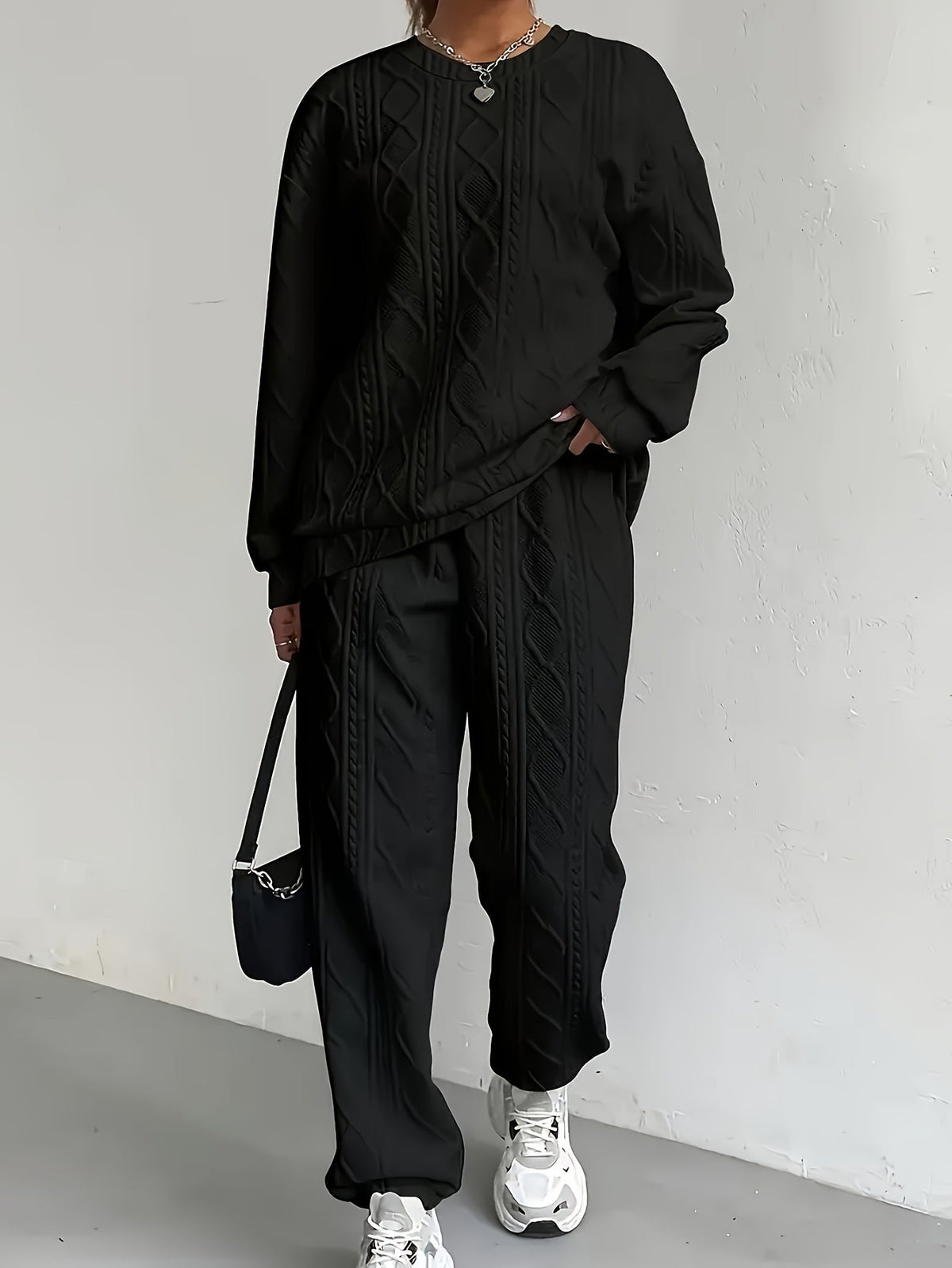 Ensemble survêtement 2 pièces pour femme – Haut à manches longues et col rond en jacquard texturé et pantalon de jogging, tenue de détente décontractée et respirante pour le printemps et l'été S-XXL