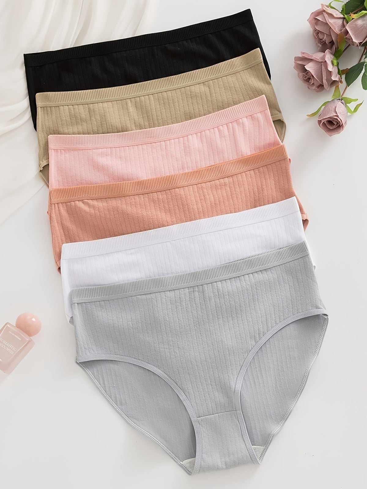 Lot de 6 culottes string côtelées – Sous-vêtements triangulaires pour femmes, doux, respirants et taille mi-haute, texture en maille côtelée, couleurs unies, culottes quotidiennes adaptées à la maternité