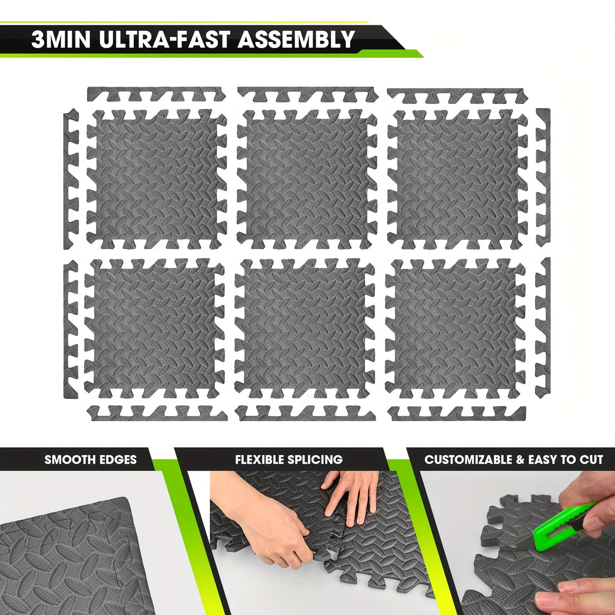 Dalles de sol emboîtables en mousse EVA, lot de 20 ou 60 – Tapis de puzzle épais, antidérapants, imperméables et résistants aux chocs pour salle de sport à domicile, yoga, musculation et exercices, noir