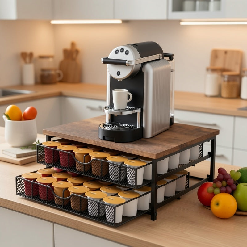 Tiroir de rangement pour capsules de café K-Cup, organisateur pour capsules Keurig Nespresso, panier coulissant à double étage, capacité de 48 capsules, station à café pour comptoir de cuisine, marron