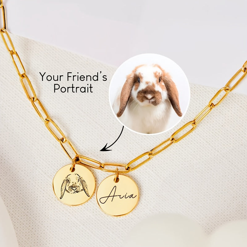 Collier portrait d'animal personnalisé - Pendentif double cercle sur chaîne trombone gravé avec portrait et nom de l'animal, cadeau commémoratif sur mesure pour amoureux des animaux et cadeau pour elle, à porter en toute saison (argent ou or)