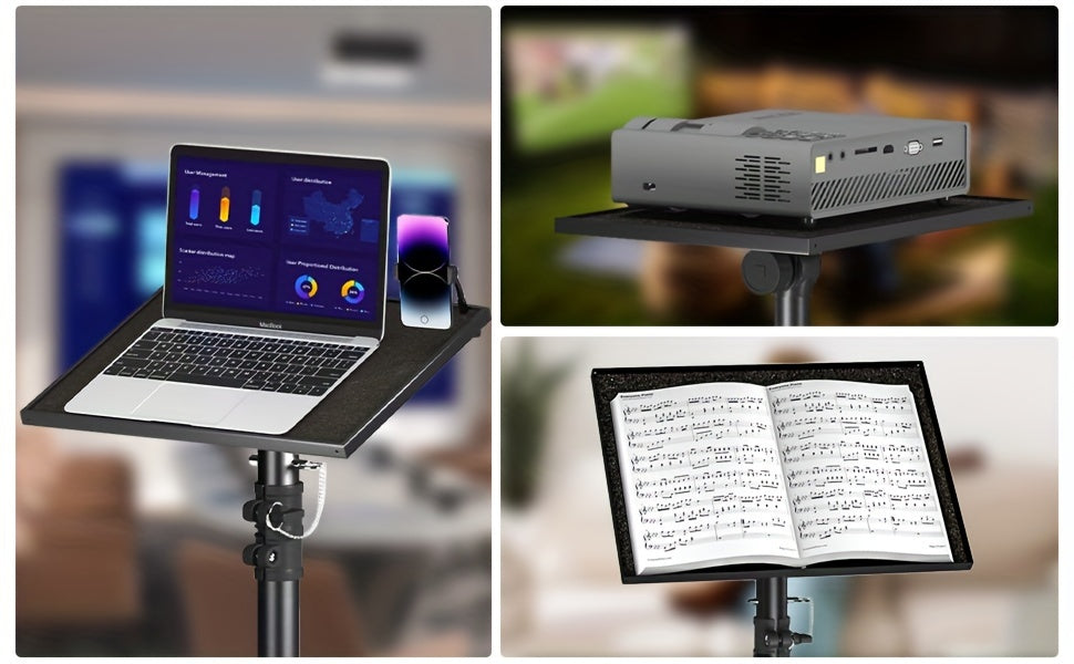 Trépied pour projecteur et ordinateur portable – Hauteur réglable avec support de téléphone col-de-cygne, plateau inclinable à 180°, capacité de 10 kg, support au sol portable pour bureau, maison, scène, studio et DJ