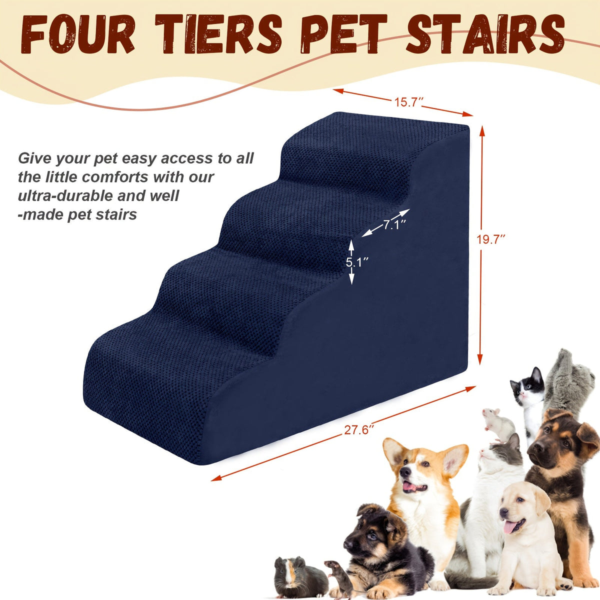 Escalier pour chien en mousse à mémoire de forme, 2, 3 ou 4 marches avec base antidérapante et housse lavable – Marches de soutien pour canapé et lit, idéal pour chiens âgés et chiots, plusieurs couleurs disponibles