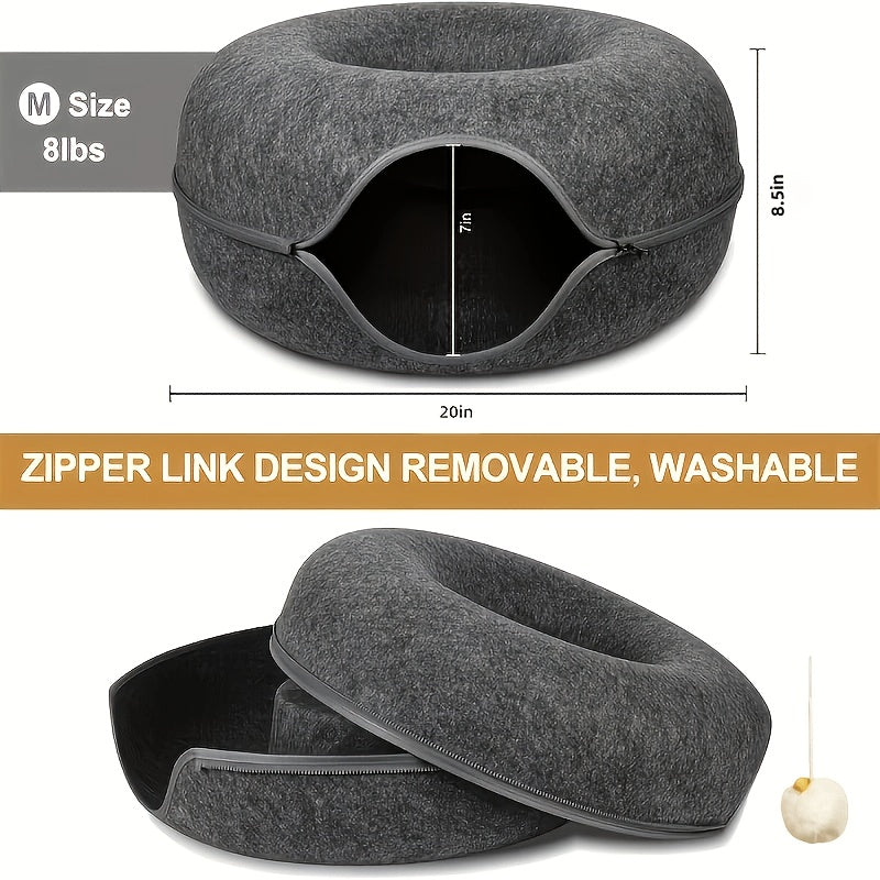 Lit tunnel pour chat en forme de beignet avec jouets à pompons - Cachette nid pour chat d'intérieur, utilisable toute l'année - Lit tunnel douillet pour chats et chatons - Disponible en 50 et 60 cm, gris foncé et gris clair
