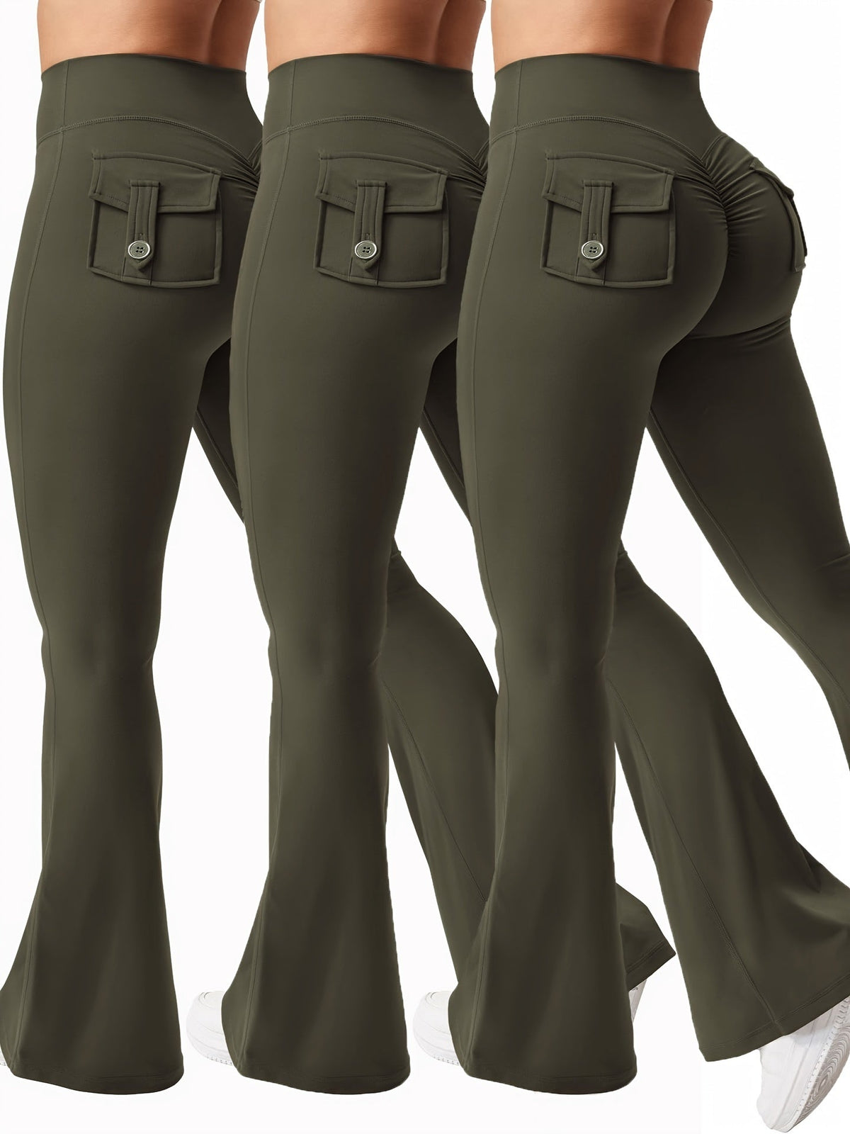 Ensemble 3 pièces pour femme : pantalon de yoga évasé à taille haute avec ceinture et poches, legging galbant effet push-up, squat-proof, 90 % polyester extensible, coupe évasée pour le sport, la gym, la course et le quotidien