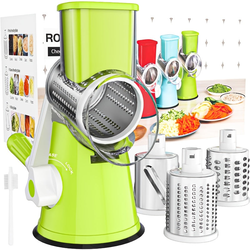 Râpe à fromage rotative manuelle avec 3 lames interchangeables - Base à ventouse antidérapante, brosse de nettoyage incluse, pour fromage frais, légumes et noix, cadeau d'ustensile de cuisine