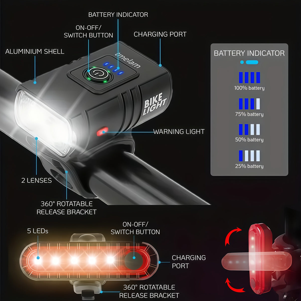 Ensemble d'éclairage de vélo rechargeable par USB ultra-lumineux – Phare avant LED 1200 mAh et feu arrière 330 mAh, 6+4 modes, faisceau large 180°, sonnette de sécurité incluse, pour vélo de route, VTT et cyclisme de nuit
