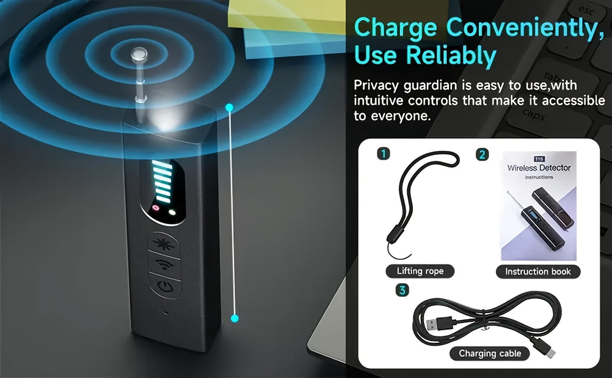 Détecteur de caméra cachée et scanner de signal RF anti-espion – Détecteur de mouchards, traceurs GPS et dispositifs d'écoute, balayeur de sécurité multifonction portable et rechargeable pour les voyages, l'hôtel, la maison, le bureau, la voiture