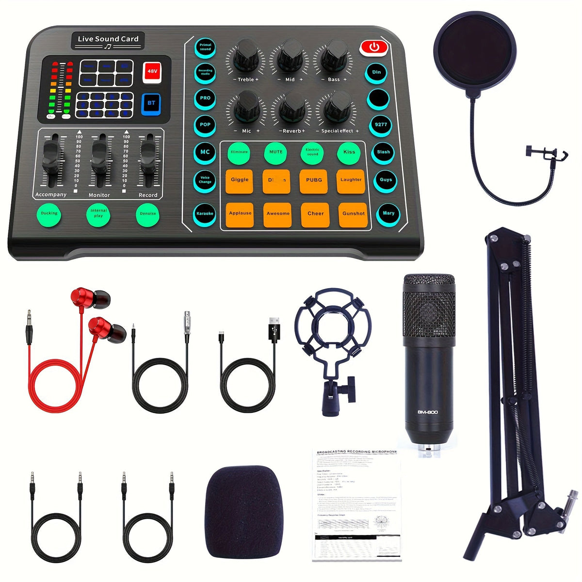 Kit de studio d'enregistrement pour podcast BM-800 avec carte son live, changeur de voix et écouteurs – Kit d'interface audio complet pour streaming, vlogging et diffusion en direct, plusieurs modèles disponibles