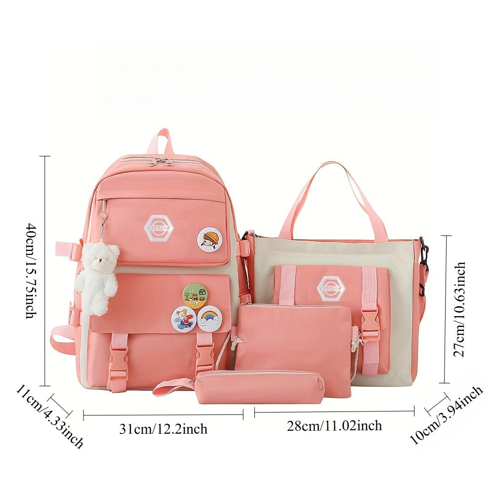 Ensemble de sac à dos scolaire pour fille 5 pièces, sac léger et mignon avec fourre-tout, trousse et porte-monnaie - Sac à dos étudiant durable pour l'école, la randonnée et un usage quotidien