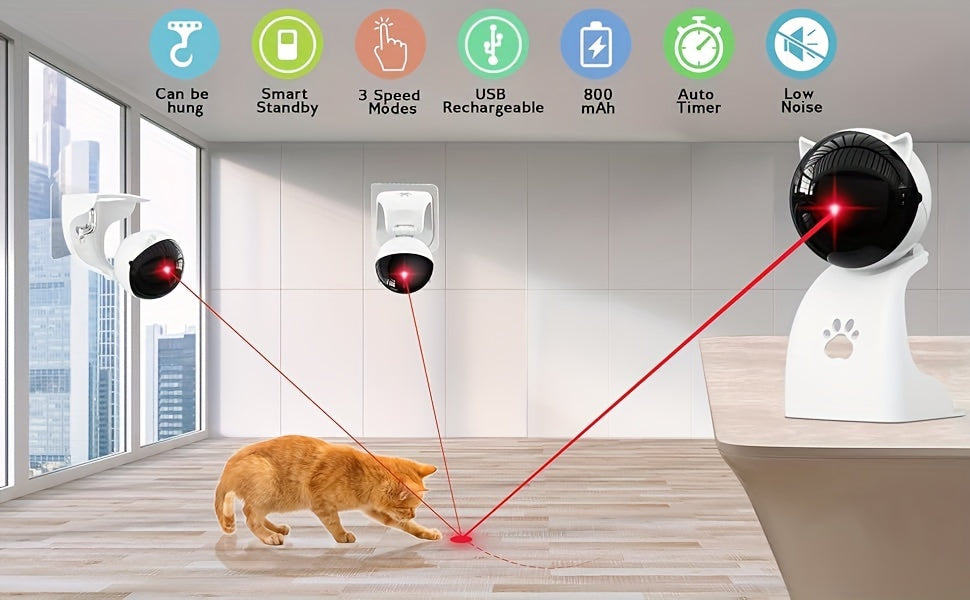 Jouet laser automatique pour chat rechargeable par USB – 3 modes de vitesse, à suspendre ou à poser, angle réglable de 0 à 130°, batterie 800 mAh, arrêt automatique après 15 min, pointeur laser interactif pour chats, chatons et chiens d'intérieur