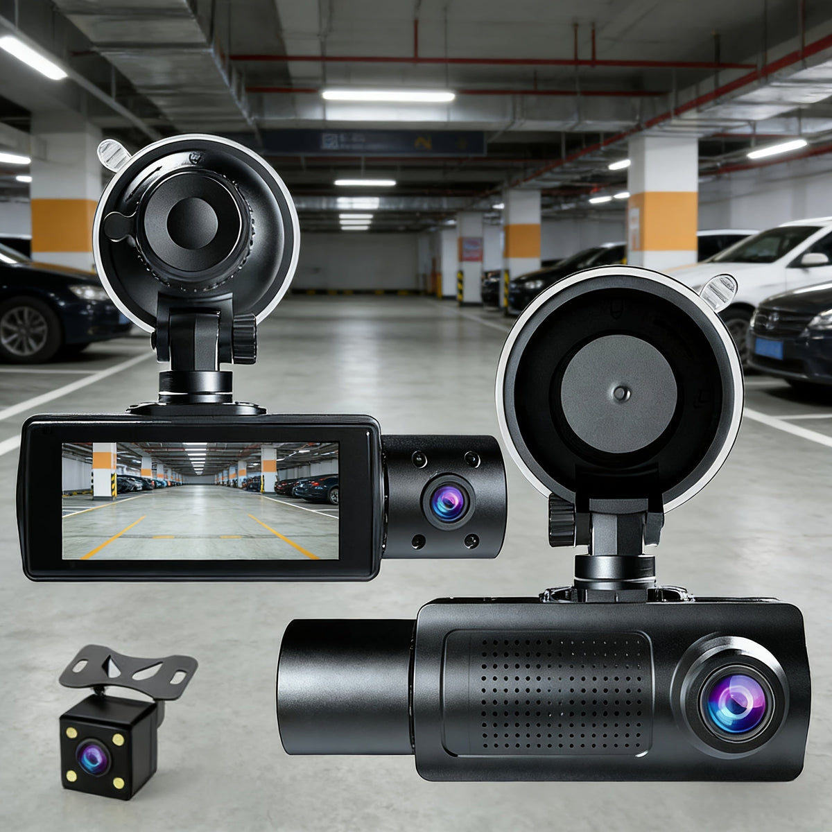 Dashcam 3 canaux avec vision nocturne infrarouge et application smartphone – Caméra avant, arrière et intérieure avec enregistrement en boucle, objectif grand angle, carte mémoire 64 Go/512 Go en option pour voitures, camions et covoiturage