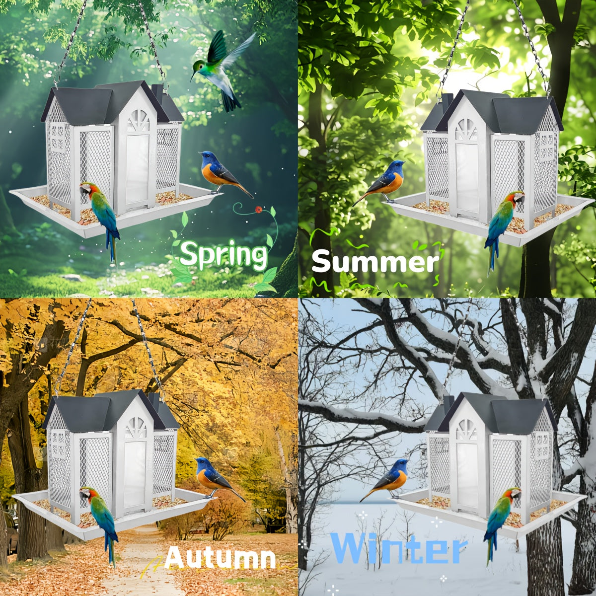 Mangeoire à oiseaux sauvage résistante aux écureuils pour extérieur – Mangeoire suspendue à grande capacité en maille métallique à 3 compartiments, résistante aux intempéries, pour cardinaux, pinsons et oiseaux de jardin, plusieurs couleurs